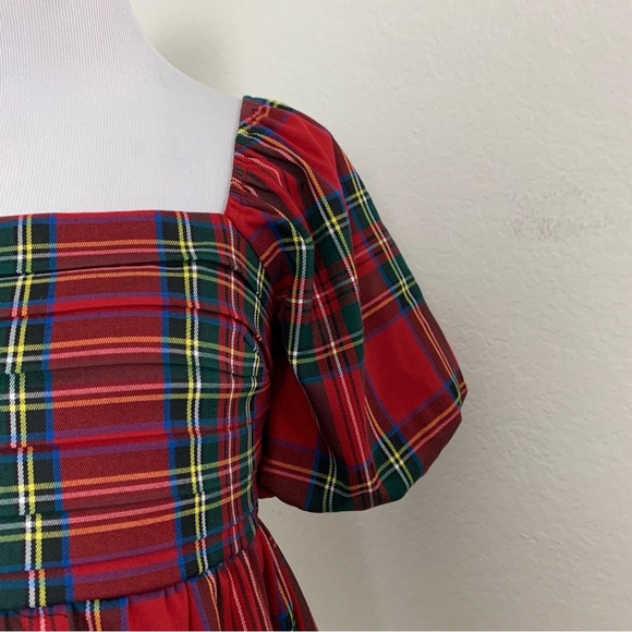 Francesca’s Plaid Peplum Smocked Puff Sleeve Top Sz S Red Holiday Short Sleeve - Picture 16 of 17